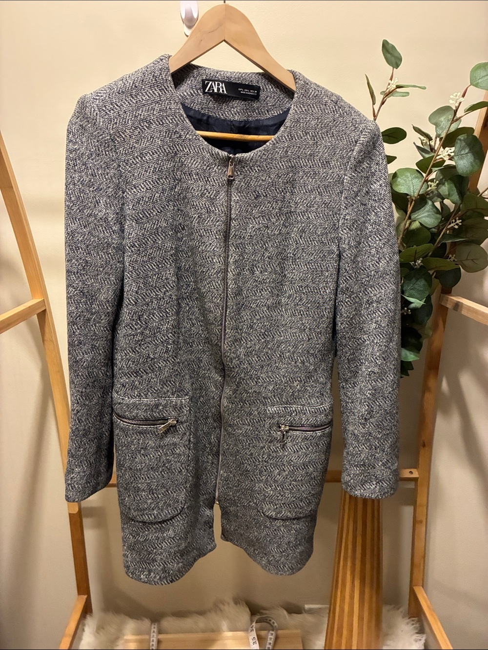 Zara 100% Cotton Womens Grey Tweed Zip-Up Long Jacket